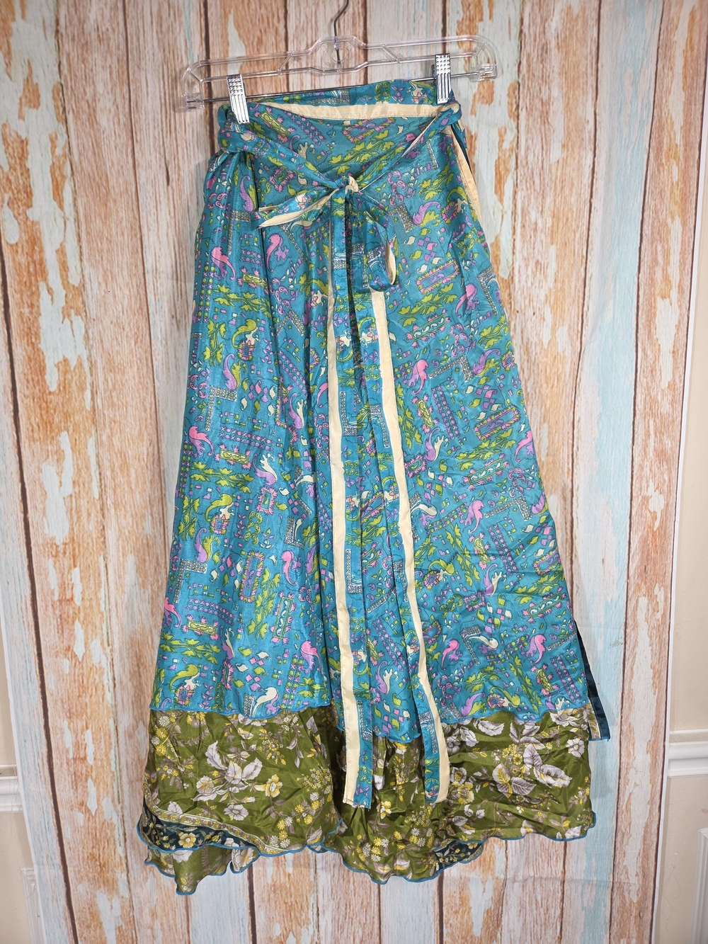 Wevez Boho Teal & Olive Floral Wrap Reversible Maxi Skirt.